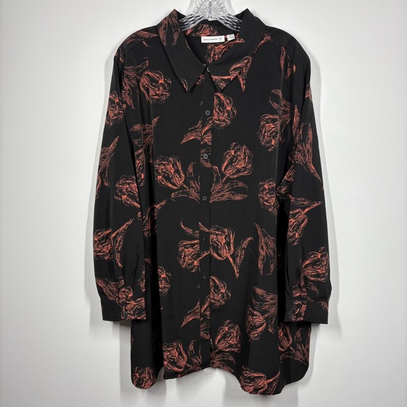 Susan Graver Tops - Susan Graver Women Dark Floral Button Up Tunic Top Size 26W Black Coral‎ Office